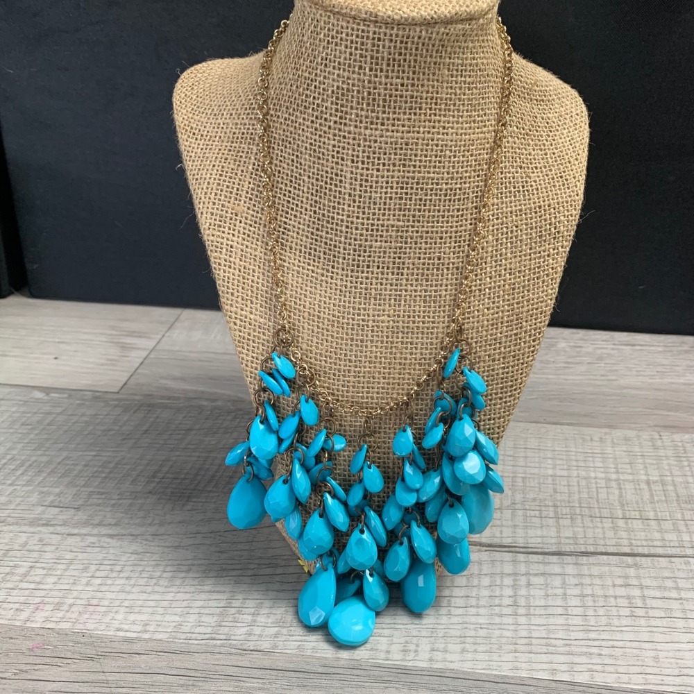 Turquoise Blue Teardrop Bib Statement Necklace Gold Tone‎ Adjustable 18 Inch